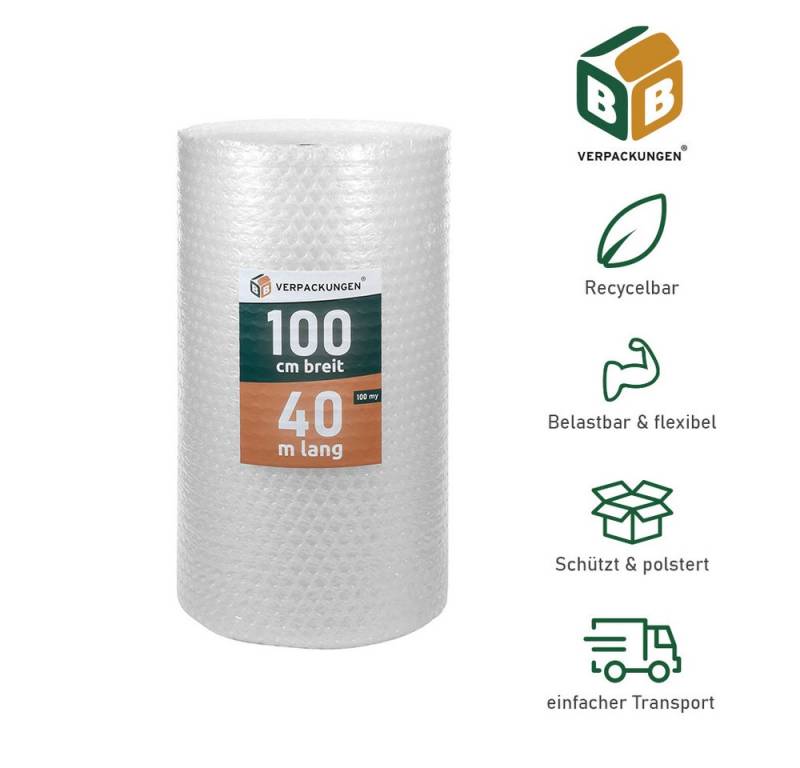 BB-Verpackungen Schutzfolie Luftpolsterfolie Große Noppen, (1-St), 2-lagig, 1,0 x 40 m, 100 my von BB-Verpackungen