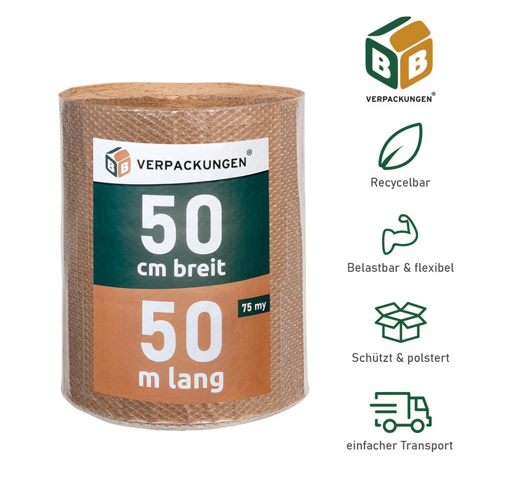 BB-Verpackungen Schutzfolie Luftpolsterfolie Papierkaschiert, (1-St), 3-lagig, 0,5 x 50 m, 75my von BB-Verpackungen