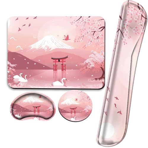 Cherry Blossom Tastatur- und Mauspad-Set, japanisches Mauspad mit Handgelenkstütze, ergonomische Tastatur, Handgelenkauflage, Karpaltunnel-Tunnel, Tippen, Schmerzlinderung, rutschfeste Unterseite, von BBSujane