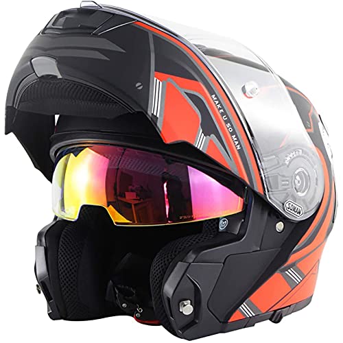 Klappbarer Modularer Motorradhelm Mit Doppelvisier, DOT/ECE-Zulassung Klappbarer Modularer Motorradhelm Modularer Integralhelm Für Herren Damen Erwachsene, Großer Weitwinkel Black Red 2,4XL von BCBKD