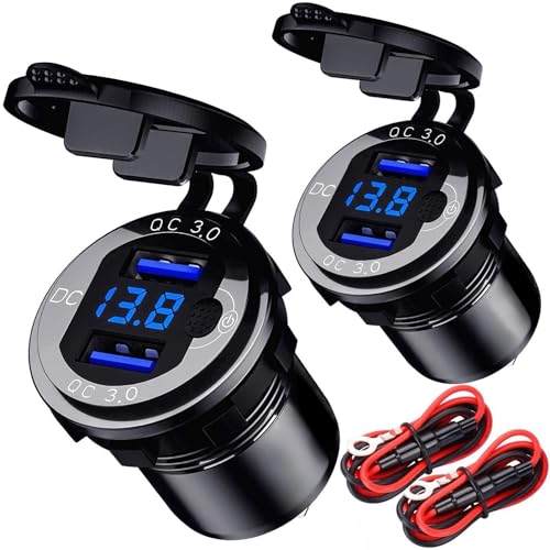 [2 Stück] USB Steckdose 12V Auto Wasserdicht KFZ Ladegerät 36W Metall Quick Charge 3.0 Wohnmobil Zigarettenanzünder Dose Adapter USB Einbaubuchse mit Schalter LED Voltmeter für Motorrad,Wohnwagen,LKW von BCEY