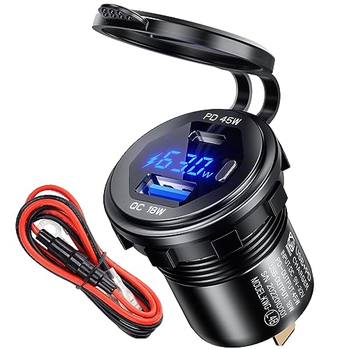 45W PD USB Steckdose 12v wasserdichte QC 3.0 12 Volt Metall USB einbau buchse mit Schalter,LED Voltmeter für Motorrad Wohnwagen Boot LKW MacBook iPhone Samsung von BCEY