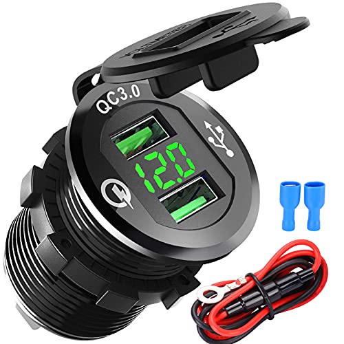 USB Auto Steckdose Quick Charge 3.0 Dual Auto Ladegerät 12V/24V 36W USB KFZ Ladegerät QC 3.0 wasserdichte Auto Zigarettenanzünder Adapter 12 Volt Stecker Einbaubuchse für Motorrad, Wohnwagen, Boot,LKW von BCEY