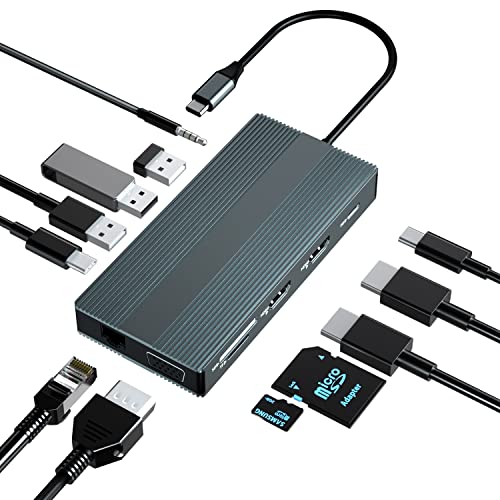 USB C Docking Station,12 in 1 Triple Display Type C Laptop Hub to Dual 4K HDMI & VGA, 100W PD,2 USB3.0+USB C 3.0+USB2.0,1000M Ethernet,SD/TF Card,3.5mm Audio für MacBook/Dell/Huawei… von BDFFLY