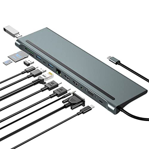 USB-C-Dockingstation, 12-in-1-USB-C-Hub, 3 Monitor Typ C auf 4K Dual HDMI+VGA-Adapter, Laptop-Dockingstation Multiport 87W PD, USB3.0 SD/TF RJ45 Audio für HP/MacBook/Dell/Lenovo-Laptops von BDFFLY