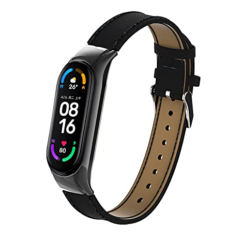 BDIG Armband Kompatibel für Xiaomi Mi Band 5 & MiBand 6, Leder MiBand 5/6 Ersatzband Lederarmband Replacement Smart Band Watch Strap Uhrenarmband Zubehör für Xiaomi Miband 6/5 von BDIG