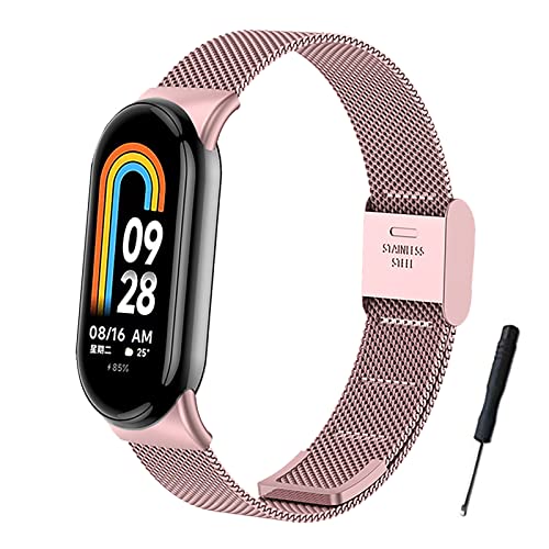 BDIG Armband kompatibel mit Xiaomi Mi Band 8, Edelstahl-Ersatzarmband mit verstellbarer Schnalle für Mi Smart Band 8 Melan Pink von BDIG