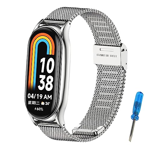 BDIG Ersatzarmband Kompatibel mit Xiaomi Mi band 8 für Damen/Herren, Einstellbar Armbänder für Mi band 8, Glattes Edelstahl Metall Silber von BDIG