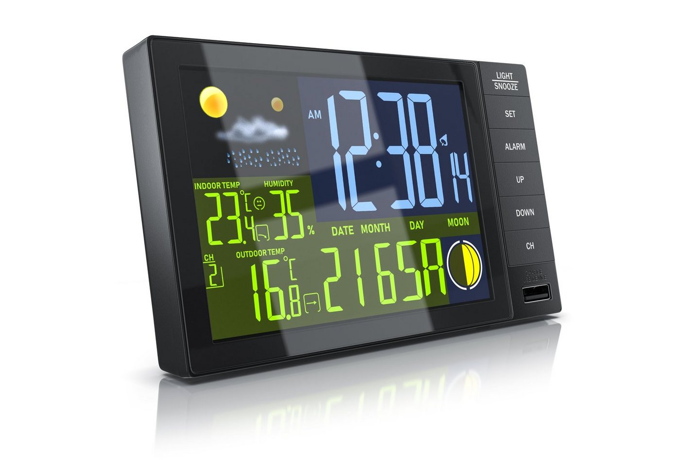BEARWARE Funk, mit Farbdisplay, Wireless Funksensor/Außensensor, DCF Funkuhr Wetterstation (mit Außensensor, Thermometer, Mondphasen, Luftfeuchtigkeit, Wettervorhersage usw) von BEARWARE