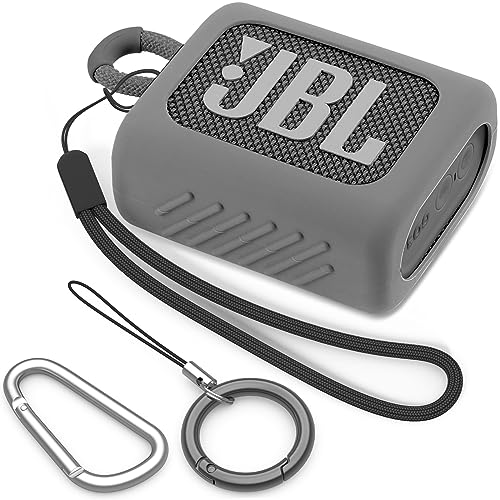 BEAUDOM Silikon JBL GO 3 Hülle Case für JBL GO 3 [Mit Handschlaufe] [Mit Zwei Karabinertypen] Tragbar Schutzhülle Kompatibel mit JBL GO 3 Bluetooth-Lautsprecher (Grau) von BEAUDOM