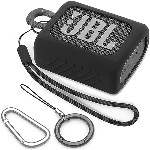 BEAUDOM Silikon JBL GO 3 Hülle Case für JBL GO 3 [Mit Handschlaufe] [Mit Zwei Karabinertypen] Tragbar Schutzhülle Kompatibel mit JBL GO 3 Bluetooth-Lautsprecher (Schwarz) von BEAUDOM