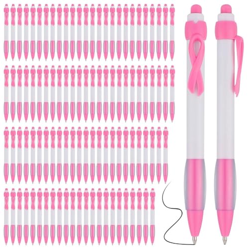 BEEOFICEPENG 100 Stück Pink Ribbon Pens Bulk, Schwarze Tinte, Einziehbare Kugelschreiber für Bürobedarf, Frauen, Mädchen, Geschenk, Langlebig von BEEOFICEPENG
