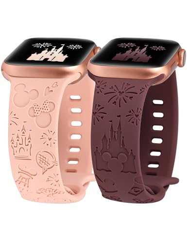 BEEXI 2 Stück Cartoon Gravierte Armband Kompatibel mit Apple Watch Armband 41mm 38mm 40mm Damen Herren, Silikon Fancy Cute Design Sport Armbänder für iWatch Serie 9/8/7/6/5/4/3/2/1/SE von BEEXI