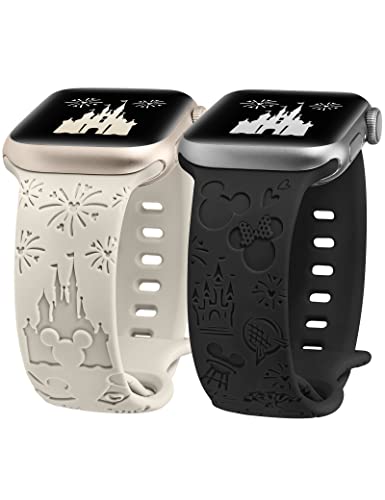 BEEXI 2 Stück Cartoon Gravierte Armband Kompatibel mit Apple Watch Armband 41mm 38mm 40mm Damen Herren, Silikon Fancy Cute Design Sport Armbänder für iWatch Serie 9/8/7/6/5/4/3/2/1/SE von BEEXI