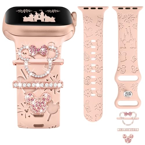 BEEXI Armband Charms Kompatibel mit Apple Watch Armband 41mm 40mm 38mm, Niedliche Cartoon Gravierte Silikon Armbänder Glitter Dekorative Ring Ersatzarmbänder für iWatch Serie 9 8 7 6 5 4 3 2 SE von BEEXI