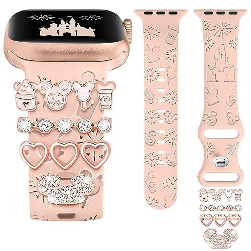 BEEXI Charme Kompatibel mit Apple Watch Armband Dekorative Ring 49/46/45/44/42mm Damen, Glitzer Boho Gravierte Silikon Ersatzarmbänder für iWatch 10/9/8/7/SE/6/5/4/3/2/1/Ultra /2 von BEEXI