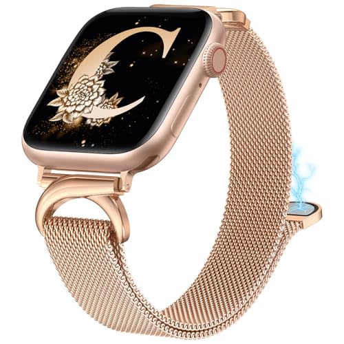 BEEXI Edelstahl Loop Kompatibel mit Apple Watch Armband 42/44/45/46/49mm Damen, Metall Mesh Magnetic Slim Armband mit C-Shape Verschluss für iwatch SE Serie 10/9/8/7/6/5/4/3/2/1 Ultra 1/2 von BEEXI