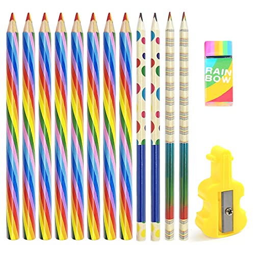 BEIIEB 12 Stück Regenbogen Buntstifte Zeichnung Bleistift 4 in 1 Buntstifte Kinder Buntstift Set Mehrfarbig Stift- für Kunst Zeichnung, Färbung und Skizzieren mit Anspitzer und Radiergummi von BEIIEB