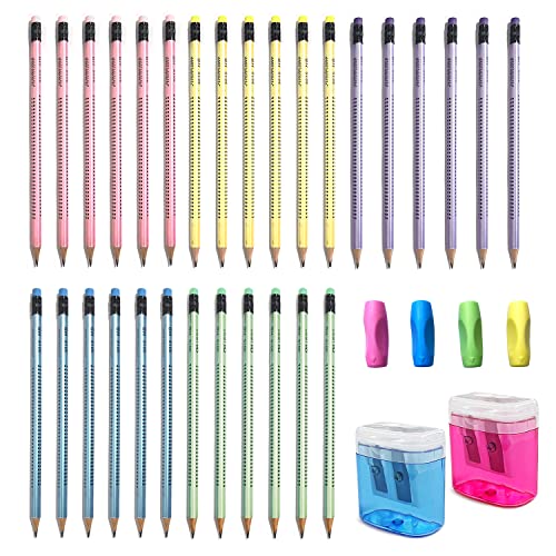 BEIIEB 30 Stück Bleistifte und 4 Stück Schreibhilfe mit 2 Stück Anspitzern, 5-Farben HB Schülerstift mit Radiergummi, Korrekturgriff Schreibstift, für Schule, Büro, Schreiben, Zeichnen. von BEIIEB