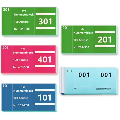 5 Büche Doppelnummern 1-500 Nummern Zahlen 3 Farben 5X10cm Nummernblock Nummernblöcke Tombola Nummernblock Papier Lose Tombola Nummerierte Abrisse Doppelnummernblock Blau Grün Rosa von BEIMEIII