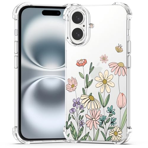 BEIMEITU Schutzhülle für iPhone 16, 15,5 cm (6,1 Zoll), Blumenmuster, Frühlingsgarten-Muster, stoßfest, weich, transparent, für iPhone 16, Damen, 15,5 cm (6,1 Zoll) von BEIMEITU