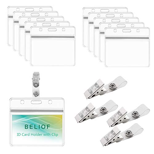 BELIOF 50 Stück Ausweishülle mit Clip Namensschilder Transparent Kunststoff Kartenhalter Ausweis Wasserdichte Ausweishalter mit 50 Pcs Metall Badge Clips für Ausweis ID Karte Abzeichenhalter von BELIOF