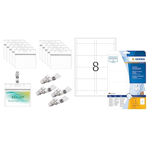 BELIOF 50 Stück Ausweishülle mit Clip Namensschilder Transparent Kunststoff Kartenhalter Ausweis & HERMA 9012 Namensschilder für Kleidung DIN A4 (90 x 60 mm, 25 Blatt, Karton) perforiert von BELIOF