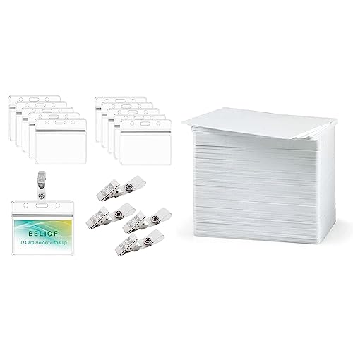 BELIOF 50 Stück Ausweishülle mit Clip Namensschilder Transparent Kunststoff Kartenhalter Ausweis & PVC-Karten – blanko, weiß, CR80, 760 Mikron von BELIOF