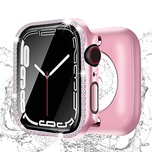 [2 in 1] BELIYO Schutzhülle Kompatibel mit Apple Watch 9/8/7 41mm, Bildschirm 360 Schutzhülle aus, ultradünn, insgesamt wasserdicht Diamant-Uhrengehäuse für Damen(41mm,Pink) von BELIYO