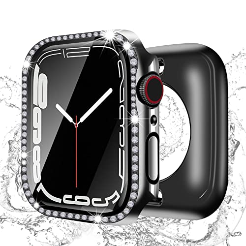 [2 in 1] BELIYO Schutzhülle Kompatibel mit Apple Watch 9/8/7 41mm, Bildschirm 360 Schutzhülle aus, ultradünn, insgesamt wasserdicht Diamant-Uhrengehäuse für Damen(41mm,Schwarz) von BELIYO