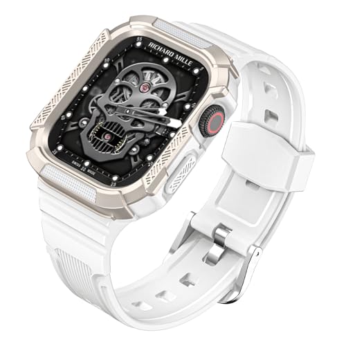 BELIYO Apple watch Armband Kompatibel mits SE2/SE/9/8/7/6/5/4/3/2/1,Armband und schutzhüllesind eins, Gepanzertes Aussehen,für iwatch Größe 42/44/45mm (weißes-Starlight) von BELIYO
