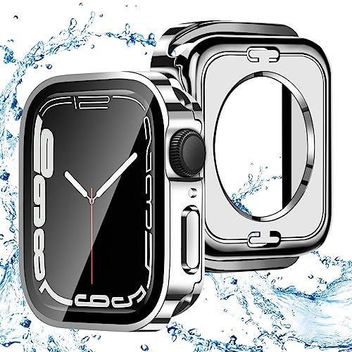 BELIYO Wasserdichtes Gehäuse für Apple Watch 9/8/7 41mm–Hart-PC,360°vollständiger Abdeckungsschutz,3D-rechtwinklige Kante,Galvanikverfahren-Silber von BELIYO