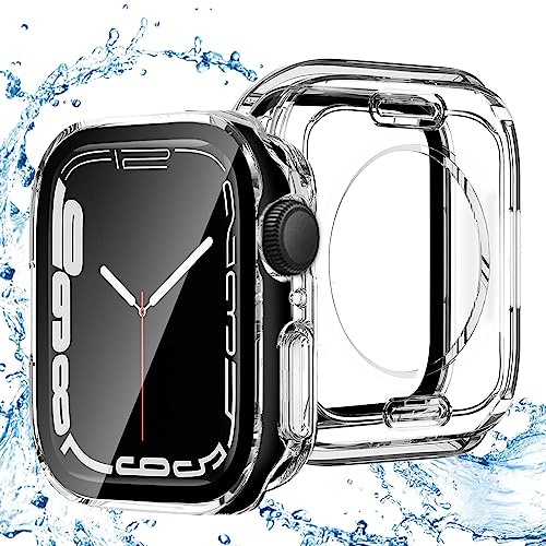 BELIYO Hard Hülle mit Glas Displayschutz Kompatibel mit Apple Watch 9/8/7 45mm Hart-PC case,360° vollständiger Schutz,3D-rechtwinklige Kante-Transparent von BELIYO