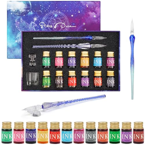 BELLE VOUS 16 tlgs. Kalligraphie Set mit Halter, Tintenflaschen & Leerem Fläschchen - 2 x Feder Stift - Kalligrafie Set für Einsteiger & Erwachsene - 12 x 7 ml Verschiedene Kalligraphie Tinte-Farben von BELLE VOUS