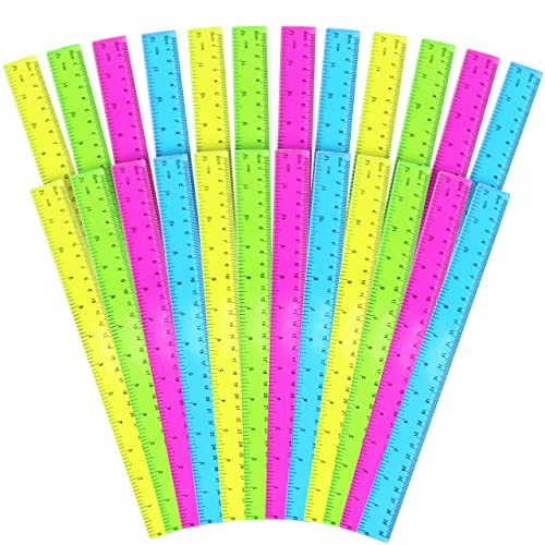 Lineale (24 Stk) - 30cm Farbige Lineal Transparent - Kunststoff Lineale inklusive Millimeter, Zentimeter und Zoll Maße - Messlineal in 4 Farben Pink, Blau, Neon Gelb, Grün von BELLE VOUS