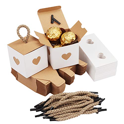 Belle Vous 50 Stk Kleine Geschenkboxen Weiß & Braun mit Herz - 5,5 x 5,5 x 5,5cm Geschenk Schachtel Box aus Karton Kraftpapier Pappschachteln für Süßwaren, Gastgeschenke, Hochzeit, Party, Geburtstag von BELLE VOUS