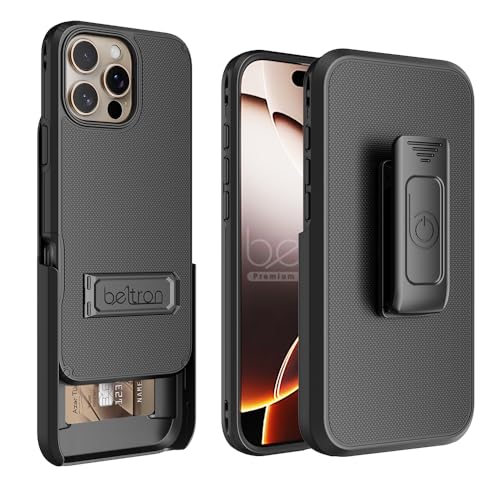 BELTRON Schutzhülle für iPhone 16 Pro, schlanke, schützende Ganzkörper-Griffhülle und drehbarer Gürtelclip, 3-in-1-Kombination mit Ständer und Kartenhalter (kompatibel mit MagSafe) von BELTRON