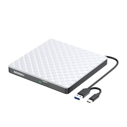 BENEWY Externes CD DVD Laufwerk USB 3.0 & Type-C CD DVD +/-RW Brenner Optische Laufwerke CD DVD Player Reader DVD Laufwerk Extern für PC Laptop Desktop MacBook Windows 11/10/8.1/7 Linux/Mac OS Weiß von BENEWY