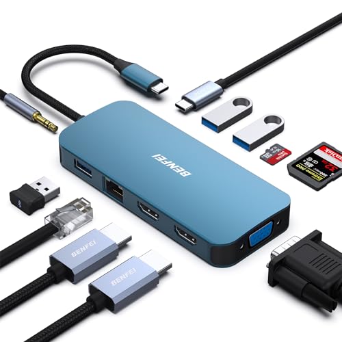 BENFEI 11-in-1 USB-C MST Laptop Docking Station mit Silikon Gewebtes Design Kabel, USB-C HUB mit USB-C zu 2*HDMI/ 1*VGA/ 3*USB 3.0/ SD/TF-Kartenleser/Ethernet/ 100W Power Delivery/ 3,5mm Aux-Audio von BENFEI