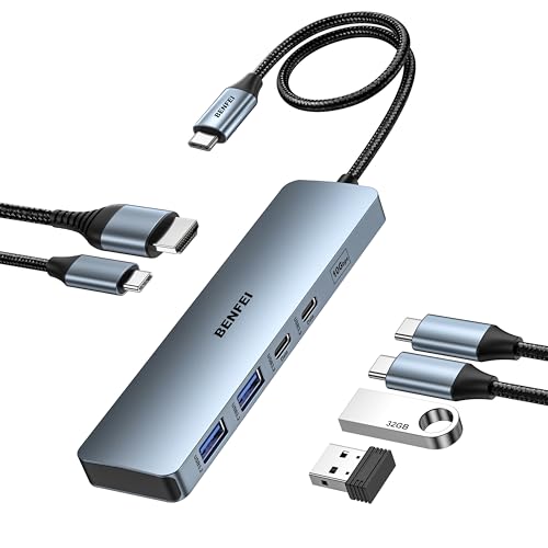 BENFEI 6-in-1 USB C HUB mit HDMI 4K@60Hz/100W PD Stromversorgung/ 2*USB A und 2*USB C 10Gbps [Silikonkabel Aluminiumgehäuse] kompatibel mit iPhone 15 Pro/Max MacBook iPad Pro iMac S23 XPS17 von BENFEI