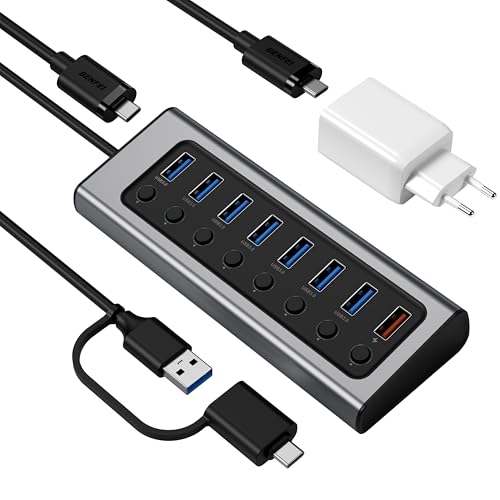 BENFEI 7-Port USB 3.0 Daten hub mit BC 1.2 Ladeanschluss, 45W GaN Super schnellladegerät Dual Typ C von BENFEI