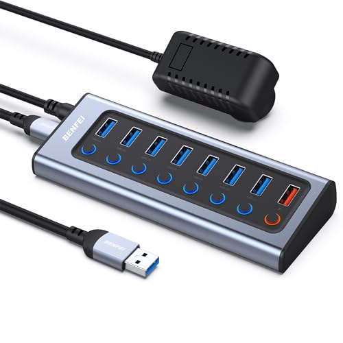 BENFEI Powered USB-Hub mit Netzteil, 8-Port-USB-Splitter-Hub (7 schnellere Datenübertragungsanschlüsse + 1 intelligenter Ladeanschluss) mit individuellen LED-EIN-/Ausschaltern von BENFEI