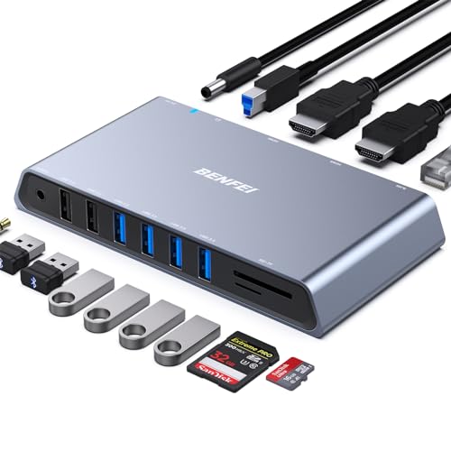 BENFEI USB 3.0 Dockingstation Dual HDMI, 12-in-1 USB Hub mit 2 HDMI/6*USB-Anschlüssen/SD/TF-Kartenleser/Gigabit Ethernet/Audio, kompatibel mit Windows und Mac von BENFEI