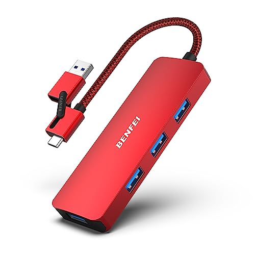 BENFEI USB 3.0 Hub, USB C Hub, 2 in 1 USB Typ A/Typ C Hub mit 4 USB 3.0-Anschlüssen, kompatibel für iPhone 15 Pro/Max MacBook Pro/Air 2023 iPad Pro iMac S23 XPS 17 usw, Rot von BENFEI