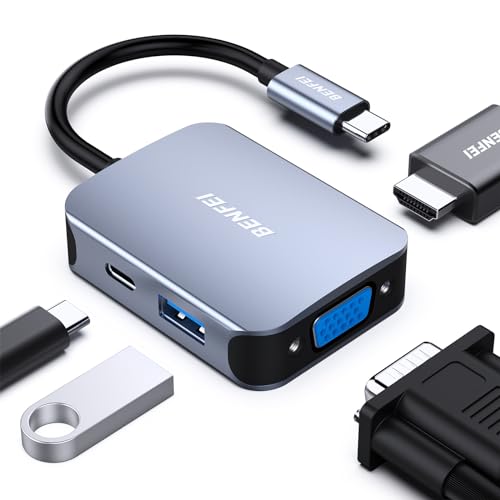 BENFEI USB C HUB 4in1,USB C Multiport-Adapter mit 4K HDMI/ 1080P VGA/ 5Gbps USB 3.0 Data Port/Typ C 60W Power Delivery, kompatibel für iPhone 15 Pro/Max MacBook Pro/Ai iPad Pro iMac Galaxy S23, Grau von BENFEI