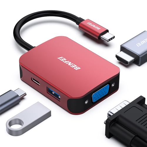 BENFEI USB C HUB 4in1,USB C Multiport-Adapter mit 4K HDMI/ 1080P VGA/ 5Gbps USB 3.0 Data Port/Typ C 60W Power Delivery, kompatibel für iPhone 15 Pro/Max MacBook Pro/Ai iPad Pro iMac Galaxy S23, Rot von BENFEI