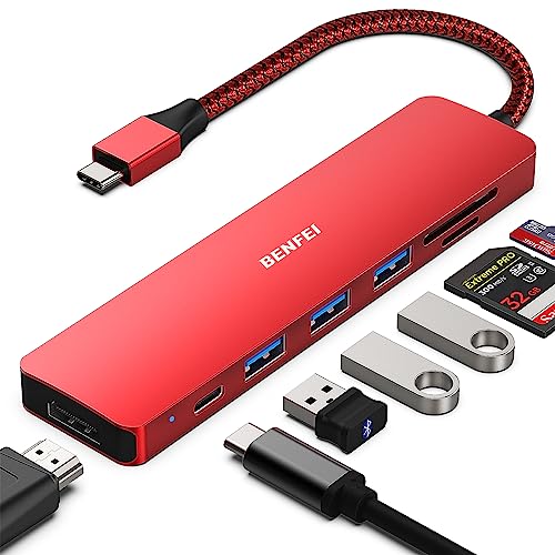 BENFEI USB C HUB 7-in-1, USB-C HUB Multiport Adapter mit USB Typ-C auf HDMI, USB-C zu SD TF Kartenleser/3*USB 3.0/60W Power Delivery, mit iPhone 15 Pro/Max MacBook Pro/Air 2023 iPad Pro iMac S23, Rot von BENFEI