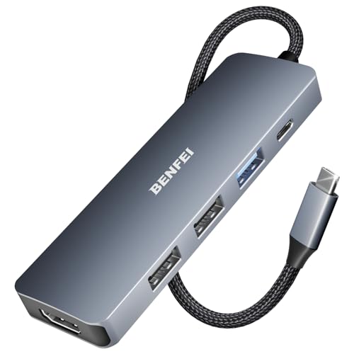 BENFEI USB C Hub 5in1, USB C Multiport Adapter mit 4K HDMI/PD 100W / 3*USB-A Datenports 10Gbps [Silikon/gewebtes Design, Aluminiumgehäuse] für MacBook Pro/Air, iPad Pro, iMac, iPhone 15 Serie, XPS von BENFEI
