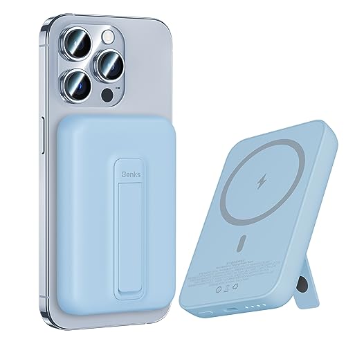 BENKS Magsafe Powerbank 6000mAh, Magnetische Kabellose Powerbank mit Faltbarem Ständer, Mini Power Bank Akku mit USB C Kabel, Externe MagSafe Batterie für iPhone 15/14/13/12 Serie, Blau von BENKS