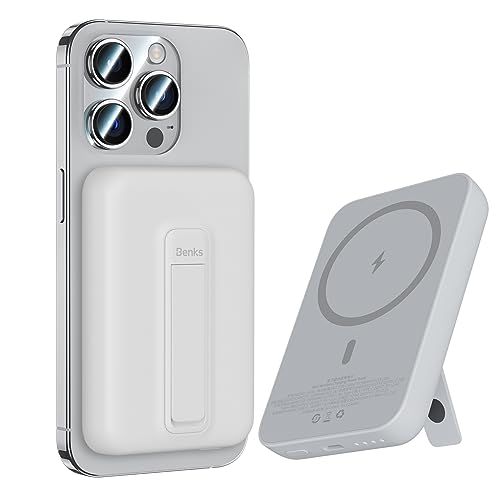 BENKS Magsafe Powerbank 6000mAh, Magnetische Kabellose Powerbank mit Faltbarem Ständer, Mini Power Bank Akku mit USB C Kabel, Externe MagSafe Batterie für iPhone 15/14/13/12 Serie, Weiß von BENKS